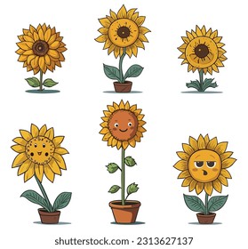 Sunflower isolated on white background. Collection of funny sunflower cartoon characters. Cute smiling baby flower. Sunflower plant for children. Happy flower icon set. Sunflower vector.