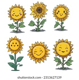 Girasol aislado de fondo blanco. Colección de graciosos personajes de caricaturas de girasol. Hermosa flor de bebé. Planta de girasoles para niños. Juego de iconos de la flor feliz. Vector de girasol.