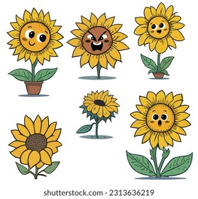 Sonnenblume einzeln auf weißem Hintergrund. Sammlung lustiger Charaktere von Sonnenblumen. Rutsche lächelnde Babyblume. Sonnenblumenpflanze für Kinder. Alles Gute zum Blumensymbol. Sonnenblume, Vektorgrafik.