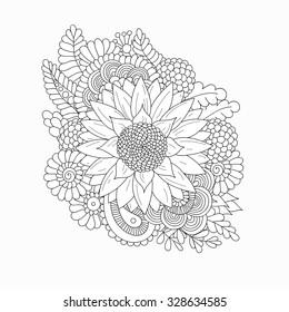 Sunflower isolated on white background. Black and white doodle flower pattern. Logo template. Hand drawing edited vector illustration. Ayurveda floral collection