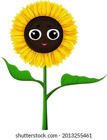 Sunflower isolated on white. Fun  sunflower cartoon character. Cute baby flower smiling. Yellow flower plant for kids. Happy kawaii style flower icon. Sunflower vector illustration. Close up.