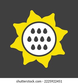 Glifo vectorial aislado de girasol en el icono de fondo oscuro. Señal de verduras. Símbolo gráfico del sitio web de comida y bebida, diseño de aplicaciones, aplicaciones móviles y medios impresos, logotipo, interfaz de usuario