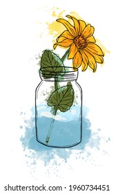 Sunflower in a jar . Picture, poster, banner, postcard, background, wallpaper, drawing.