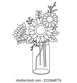 Sunflower in jar or vase in outline vector style. Illustration about flower, floral theme.