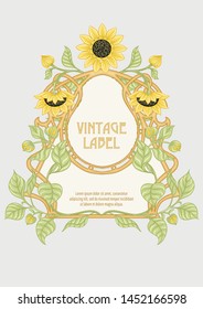 Sunflower. Label, decorative frame, border. Good for product label. with place for text Colored vector illustration. In art nouveau style, vintage, old, retro style. Isolated on white background.	