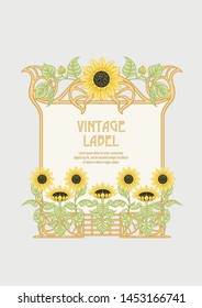 Sunflower. Label, decorative frame, border. Good for product label. With place for text. Colored vector illustration. In art nouveau style, vintage, old, retro style. Isolated on white background.	