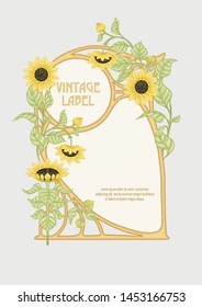 Sunflower. Label, decorative frame, border. Good for product label. With place for text. Colored vector illustration. In art nouveau style, vintage, old, retro style. Isolated on white background.	