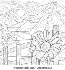 Sunflower and landscape with mountains.Coloring book antistress for children and adults. Illustration isolated on white background.Zen-tangle style. Hand draw
