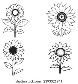 sunflower, leaf, art, element, illustration, isolated, decoration, flora, floral, flower, vector, garden, plant, summer, graphic, outline, collection, set, white, black, design, line, nature, 