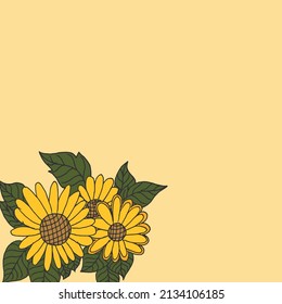 sunflower with leaf illustration on orange background. yellow and green colors. hand drawn vector. sunflower in the corner. blank space design template for greeting and invitation card, wallpaper. 