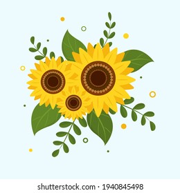 Sunflower and leaves bouquet flower arrangement isolated on white background. Vector illustration.