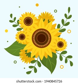 Sunflower and leaves bouquet flower arrangement isolated on white background. Vector illustration.