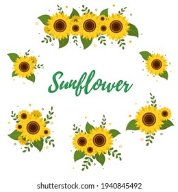 Sunflower and leaves, a collection of six bouquets isolated on a white background. Vector illustration