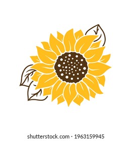 Sunflower with leaves icon in silhouette isolated on white background. Hand drawn floral vector flat logo illustration. Summer flower clipart. Stencil design for greeting card, invitation,  banner