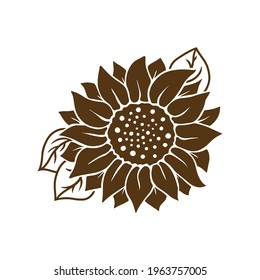 Sunflower with leaves icon in silhouette isolated on white background. Hand drawn floral vector flat logo illustration. Summer flower clipart. Stencil design for greeting card, invitation,  banner