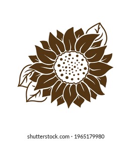Sunflower with leaves icon in silhouette isolated on white background. Hand drawn floral vector flat logo illustration. Summer flower clipart. Stencil design for greeting card, invitation,  banner