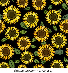 Sunflower and leaves illustration overlaping yellow and orange over black background seamless pattern.	