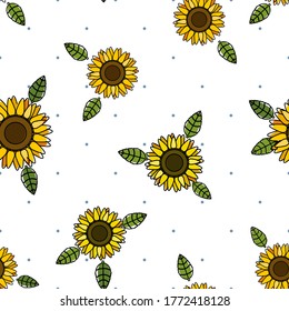 Sunflower and leaves illustration yellow and orange white and small blue dots background