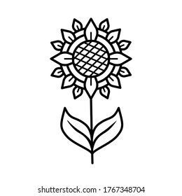 Sunflower with leaves line icon isolated on white background. Vector floral illustration. Botanical summer concept. For cutting, clipart, printing, monogram, tattoo, shirt design.