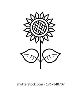 Sunflower with leaves line icon isolated on white background. Vector floral illustration. Botanical summer concept. For cutting, clipart, printing, monogram, tattoo, shirt design.