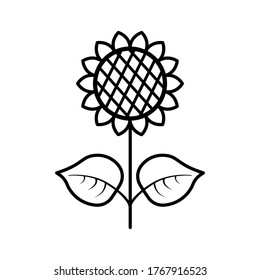 Sunflower with leaves line icon isolated on white background. Vector floral illustration. Botanical summer concept. For cutting, clipart, printing, monogram, tattoo, shirt design.