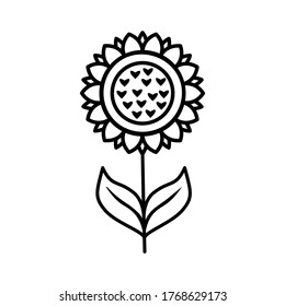 Sunflower with leaves line icon isolated on white background. Vector floral illustration. Botanical summer concept. For cutting, clipart, printing, monogram, tattoo, shirt design.