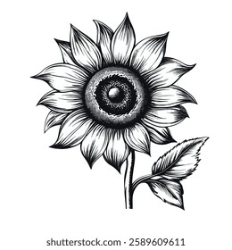 Sunflower with leaves and stem 3 colors engraving sketch black and white EPS 10
