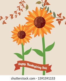 Sunflower and leaves of thanksgiving day design, Autumn season holiday greeting and traditional theme Vector illustration