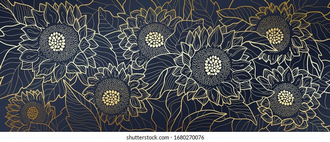 Sunflower line arts luxury wallpaper design for fabric, prints and background texture, Vector illustration.