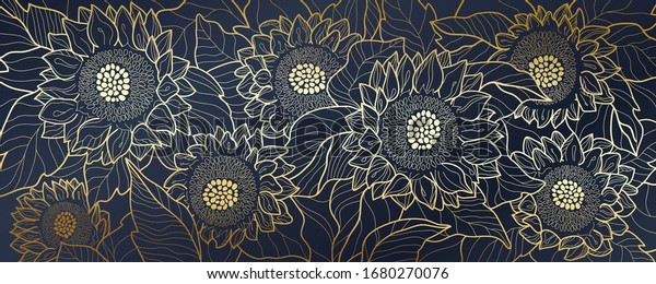 Sunflower line arts luxury wallpaper design for fabric, prints and background texture, Vector illustration.