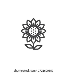 Sunflower line icon. linear style sign for mobile concept and web design. Sunflower with leaves outline vector icon. Farming and agriculture symbol, logo illustration. Vector graphics