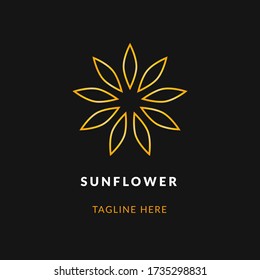 Sunflower line icon logo. Golden gradient sun flower logotype concept on black background flat style. Botanical icon for yoga, wellness spa, beauty companies. Vector illustration