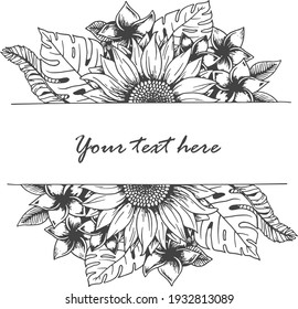 Sunflower line illustration with text, vector.