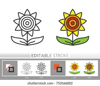 Sunflower linear icon. Line without and with color fill. Editable stroke, fill, background. Simple outline sign. Web, print, logo, kids, adult antistress coloring page, book design Vector illustration