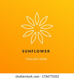 Sunflower logo. Line sun flower logotype concept on orange gradient background minimal style. Botanical icon for yoga, wellness spa, beauty companies. Vector illustration
