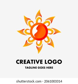 sunflower logo, sun light icon in ornament and woman silhouette. strong woman illustration. creative and simple vector logo. abstract logo design. company or business logo template