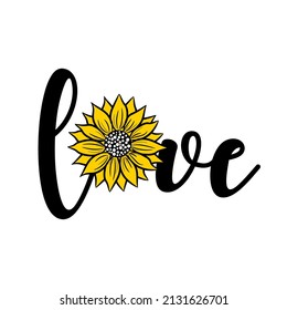 Sunflower Love Decorative Word Letters Vector Illustration. Floral Decor For Print