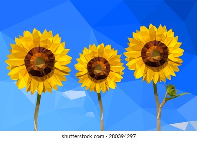 Sunflower Low poly on Blue sky  background