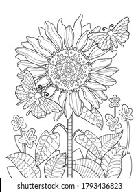 Sunflower mandala coloring page for adults. Flower coloring book with butterflies.