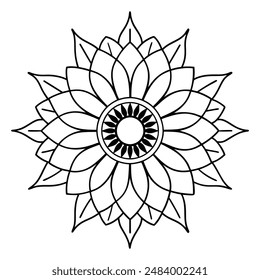 Sunflower Mandala with Floral Elements in Line Art