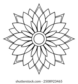 Sunflower Mandala Line Art, Symmetrical Petal Design, Vector Illustration