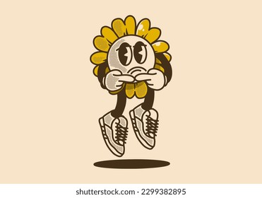 Sunflower mascot character design with sad expression in vintage style