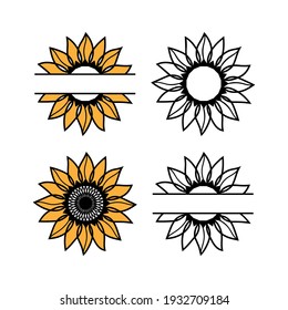 Sunflower monogram set in color and outline style for DIY art project, party signboard, home decor banner,  logo, label. Sunflower silhouette, cutting frame, yellow summer flower. Vector illustration.