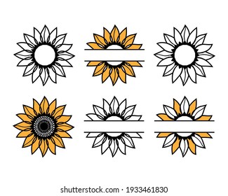 Sunflower monogram set in color and outline style for DIY art project, party signboard, home decor banner,  logo, label. Sunflower silhouette, cutting frame, yellow summer flower. Vector illustration.