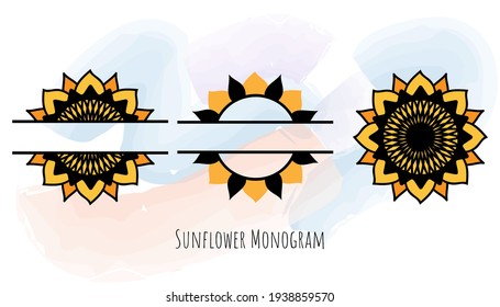Sunflower monogram set in color and outline style for DIY art project, party signboard, home decor banner,  logo, label. Sunflower silhouette, cutting frame, yellow summer flower. Vector illustration.
