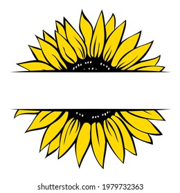 Sunflower monogram template, split sunflower, hand drawn vector illustration