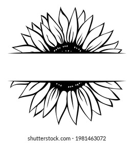 Sunflower monogram template, split sunflower, hand drawn vector illustration
