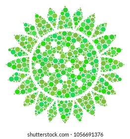 Sunflower mosaic of circle elements in different sizes and fresh green color tones. Vector round dots are composed into sunflower illustration. Ecology design concept.