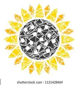 Sunflower mosaic of triangle elements in different sizes and shapes. Vector polygons are combined into sunflower mosaic. Geometric abstract vector illustration.
