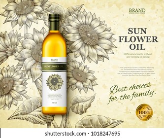 Sunflower oil ads, exquisite cooking oil product in 3d illustration with retro etching shading style sunflowers